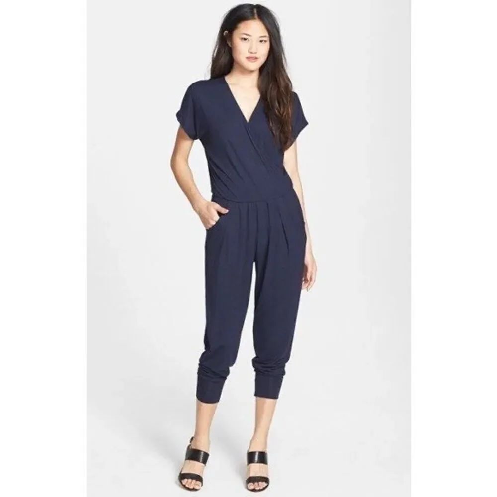 NEW Loveappella Navy Jersey Knit Short Sleeve Jogger Style Jumpsuit Sz M Casual